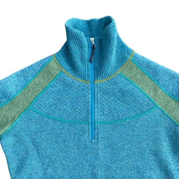 Prana Corrine Wool ¼ Zip Sweater Sz S Green Blue Mock Neck Athleisure Gorpcore - Picture 2 of 13